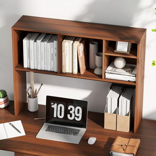 Tangkula Desktop Bookshelf, Countertop Storage Hutch with 4 Shelves for Computer Desk, Desktop 2-Tier Display Rack, Multipurpose Wood Desk Hutch Storage Organizer for Dorm Office Home (Walnut) - color: Walnut, size: 4 Shelves