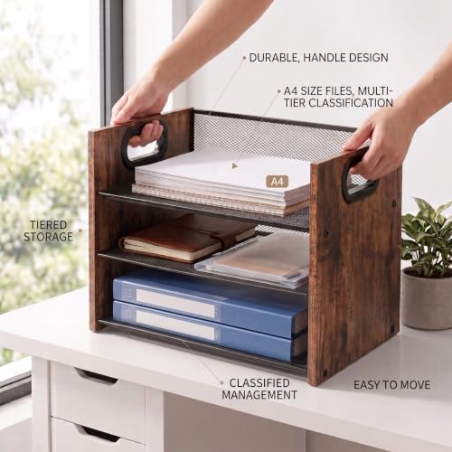 Desk Organizer - 3 Tier Wood & Metal Mesh Desktop Organizer for Office, Home, School, Workspace, Office Desk Organzier for Papers, Mail, Notebooks, Stationery - size: 3 Tier