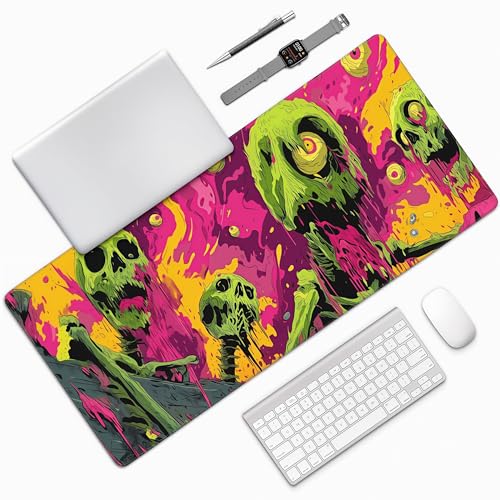 Zombie Skull Gaming Mouse Pad, Rubber, Vibrant Purple, Green and Black Design, 35.4 x 15.7 Inches - color: Skeleton
