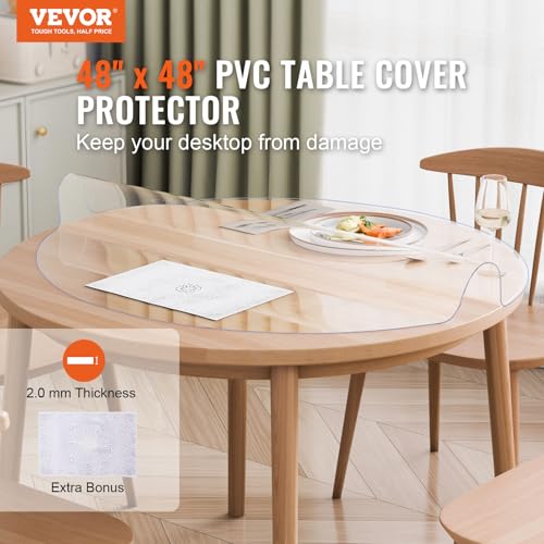 VEVOR Plastic Table Cover, 48 x 48 Inch 2.0 mm Thick Clear Round PVC Desk Mat Protector, Waterproof & Easy Cleaning Tablecloth for Office, Dresser, Dining Room, Night Stand - size: 48" (Round)