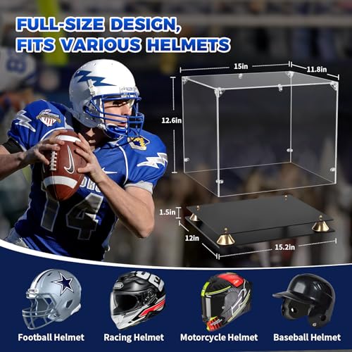 KOLIPI Football Helmet Display Case, Full Size Clear Acrylic Case Display for Football Baseball Motorcycle Helmet, Self-Assembly Showcase with Double Layer Base, Protector for Signed Memorabilia - size: Football Helmet Case, 15x12x13 inches