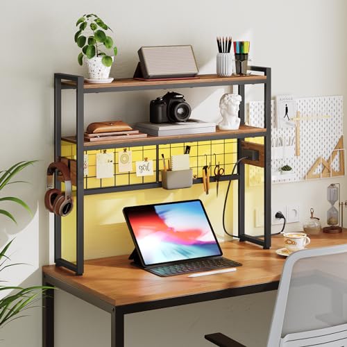 HOOBRO Desktop Bookcase, 2-Tier Desktop Organizer, 29.9" Wooden Office Storage Rack with Outlets, Display Shelf Rack with Light Strip, Desk Hutch for Office, Rustic Brown BF11UDSJ01 - color: Rustic Brown + Black, size: 29.9"D
