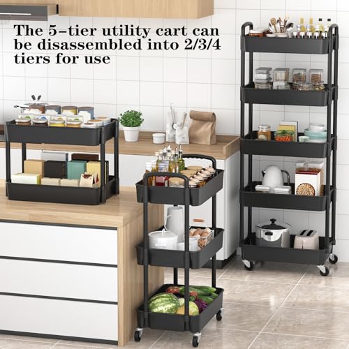 Sywhitta 5-Tier Plastic Rolling Utility Cart with Handle, Multi-Functional Storage Trolley for Office, Living Room, Kitchen, Movable Storage Organizer with Wheels, Black - color: Black, size: 5-tier