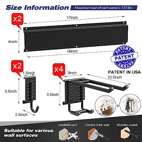 Sttoraboks Garage Wall Organizer, Heavy Duty Tool Hangers for Garage Wall with 6 Double Hooks & 2 Rails, Tool Organizer Wall Mount, Garage Hanging Storage Rack for Shovel, Rake, Broom and Ski Gear - size: 34inch 2 panels+6 hooks