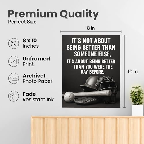 ZUKIY Baseball Self-Improvement Quote Poster - Motivational Wall Art for Boys Bedroom or Office - Sports Inspirational Print 8x10 Unframed - Baseball Wall Decor for Gym Dorm Classroom or Game Room