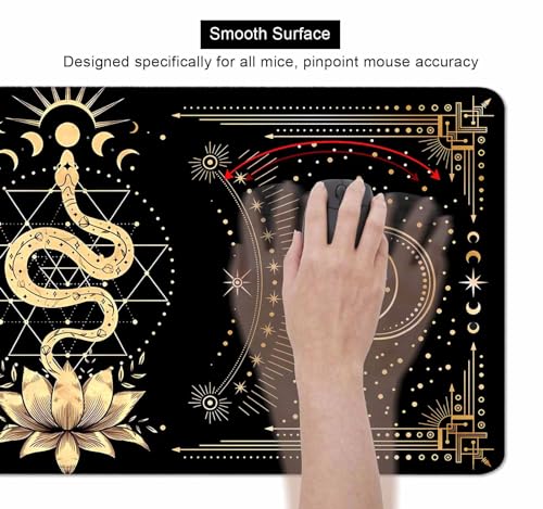 Black & Gold Large Mouse Pad, Boho Snake Witch Desk Mat for Desktop, Women Gaming Full Desk Mousepad, Moon Phases Computer Laptop Protector Writing Pad for School Office Home 35.4x15.7 in - color: Black & Gold Snake