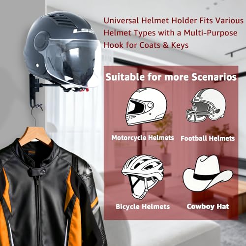 Motorcycle Helmet Holder, 180° Rotating Metal Helmet Hanger, Motorcycle Helmet Display Stand, Helmet Rack with Double Hooks for Bike Coats, Caps, Sportswear, Hats & Motorcycle Gear (2 Pack)
