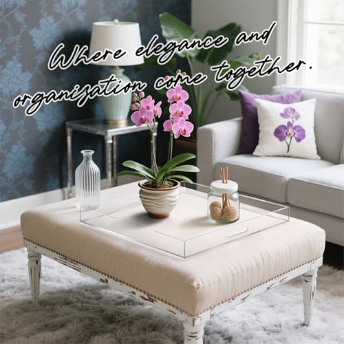 Clear Acrylic Serving Tray with Handles-Butler Trays for Coffee Table, Snacks,Breakfast in Bed, Kitchen Countertop,Vanity,Makeup Organizer,Ottoman (Clear, 24x24 Inch) - color: Clear, size: 24" x 24" x 2"