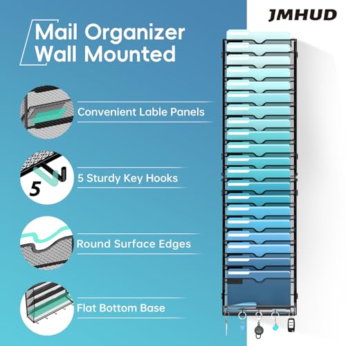 21-Tier Hanging Wall File Organizer with 5 Hooks, Wall File Holder with Labels, Vertical Wall Mount Mail Organizer for Papers, Folders, Magazines, Office Organization, Assembly Needed, Black - color: Black, size: 21 Tier