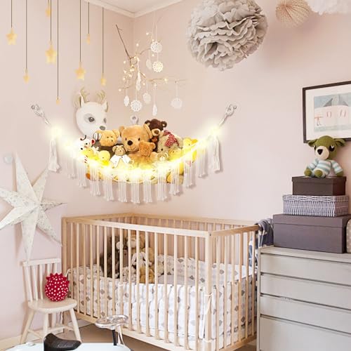 CERETIA Stuffed Animal Hammock with LED Light, Large Stuffed Animals Storage Corner Plushie Net for Kids Room Decor, 2 Packs White - color: White, size: Large-(Package of 2)