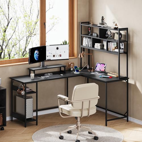 DEVAISE 66 Inch L Shaped Gaming Desk with Drawers and Storage, Corner Desk with LED Lights, Power Outlets, Computer Desk with Monitor Stand, Office Desk for Home, Black - color: Black, size: 66 Inch