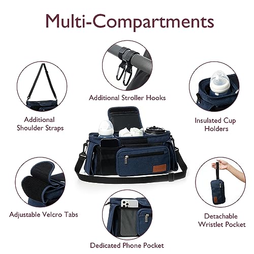 Momcozy Universal Baby Stroller Organizer, 2 Insulated Cup Holder, Detachable Zippered Pocket, Adjustable Shoulder Strap, Large capacity for baby essentials, Compact Design Fits Any Strollers - color: Blue