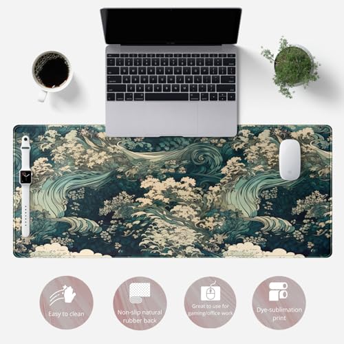 Japanese Large Mouse Pad Gaming Sea Wave Desk Pad Blue Sea Flower Art Aesthetics Desk Pad Non-Slip Rubber Base Mice Pad, 31.5 X 11.8 in for Laptop Computer Mouse Keyboard Mat of Office Desk Decor - color: C-japan's Surprise Wave