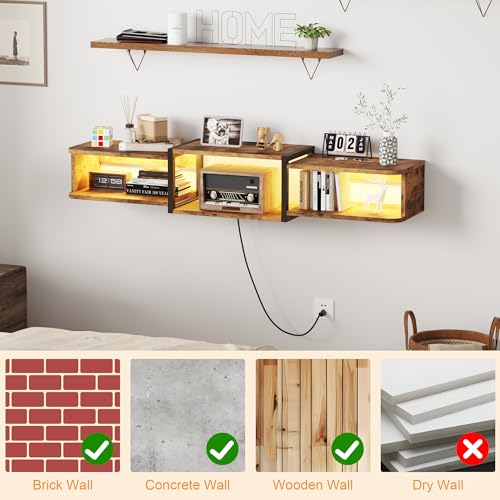 Qupui 47.2'' Wall-Mounted Floating TV Stand with LED Lighting, Modern Wooden Media Shelf Featuring Built-in USB Ports and Electrical Outlets. Under-TV Storage for Living Room, Bedroom, Brown - color: Brown