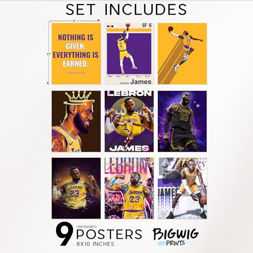 BigWig Prints LeBron James Poster Set - LeBron Posters for Walls, Lakers Bedroom Wall Decor, Basketball Room Decor for Boys, Gifts for Lakers Fan, Basketball Artwork - Unframed Set Of 9 (8x10”) - color: Lebron James 1