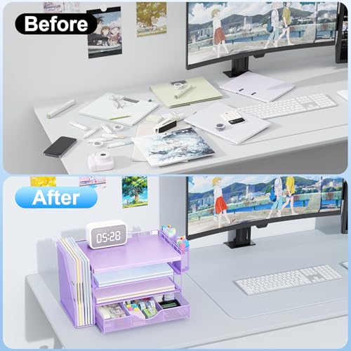 gianotter Wood Desk Organizers and Accessories with File Holder, 4-Tier Desk Accessories & Workspace Organizers with Drawer and 2 Pen Holder, Desk Reference Organizer (Purple, 4T with Metal Drawer) - color: Purple, size: 4T with Metal Drawer