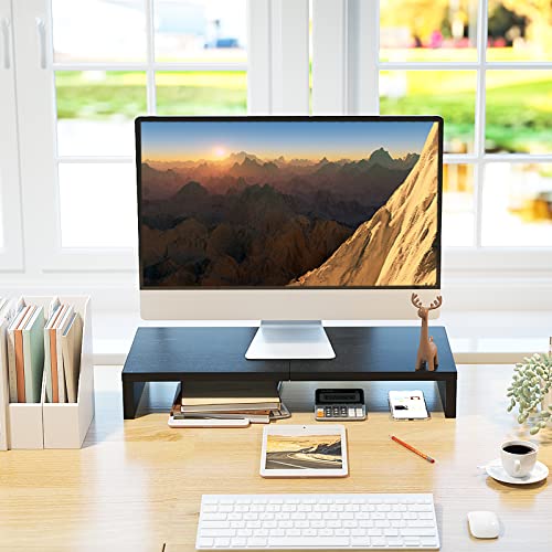 TEAMIX 20 Inch Monitor Stand Riser, Black Desktop Stand for PC/TV/Laptop/Printer, Wood Monitor Riser with Storage, Computer Stand Keyboard Organizer - color: Black, size: 20 inch