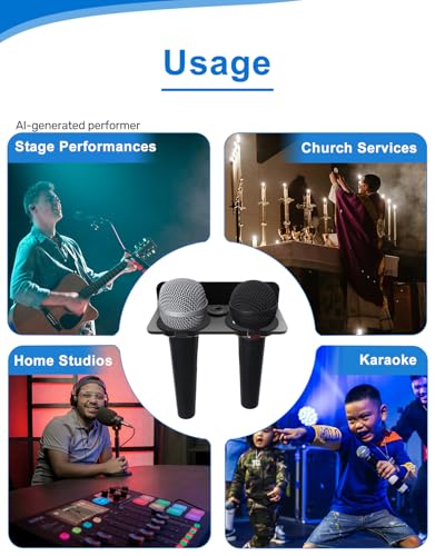 Multi Microphone Holder for Handheld Dynamic, Wired and Wireless Mics Storage Hanger, Double Microphone Stand,Rubber Padding/Wall Mounted or Mounted to 5/8"-27 or 3/8"-16 threaded Stands Attachment - size: Black Mic Holder