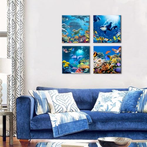 Ocean Wall Art Bathroom Sea Animal Pictures Dolphin Turtle Fish Whale Wall Decor Blue Undersea World Canvas Prints Nautical Coral Reef Landscape Painting Coastal Posters Artwork Decoration 12x12” 4Pcs - color: Blue Ocean, size: 12x12in