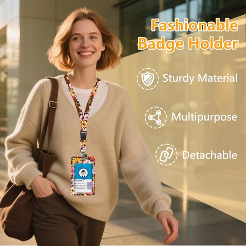 Flower Badge Holder with Lanyard, Oil Painting Flora ID Badge Holder with Retractable Reel Clip and Keychain for Music Lovers, Vertical Identity Card Cover Case Protector for Nurse Teacher - color: Flower-red