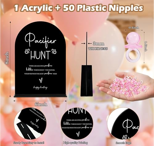 Pacifier Hunt Sign for Baby Shower Games, Baby Shower Table Decorations, Gender Reveal Party Table Top Decorations, Newborn Announcement Party Favors, Black Arch Acrylic Sign and 50 Pcs Pacifiers, 39 - color: Pacifier Hunt02