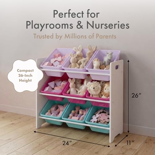 Humble Crew Toy Storage Organizer with 9 Removable Storage Bins for Kids Playroom, 3-Tier Toddler Toy Organization and Storage, White/Pink/Purple/Aqua - color: White/Pink/Purple/Aqua