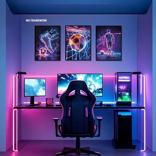BGFCE Cool Soccer Gaming Wall Art Posters Set of 3, Neon Video Gamer Canvas Pictures, Colorful Soccer Game Painting Prints for Boys Room, Gaming Room Decor for Kids Gamer Room 16x24 inch Unframed - color: Cool Football Sports Posters, size: 24L" x 16W"