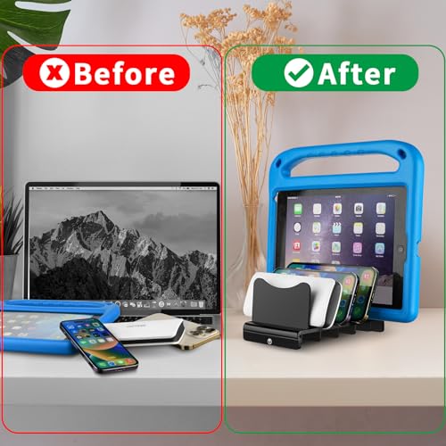 Acrylic Multi Device Organizer Stand Base for Portable Charger Power Banks, 4 Slots Desktop Storage Holder Compatible with USB Battery Pack, Phones and Tablets (Stand Only) - Black