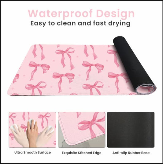 Pink Mouse Pad, Large Pink Desk Mat Bows Computer Mat, Gaming Keyboard and Mouse Pad Non-Slip Rubber Base, Stitched Edge, Cute Girly Office Supplies Desk Accessories Decor for Women 31.5 x 11.8in - color: Dark Pink, size: 31.5" x 11.8"