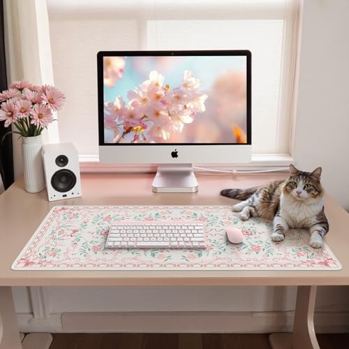 iCasso Pink Desk Mat for Desktop,Cute Desk Pad for Women,Girly Bow Mouse Pad with Stitched Edges,Non-Slip Large Computer Mat for Home Office Study Gaming - color: A-Pink Flower