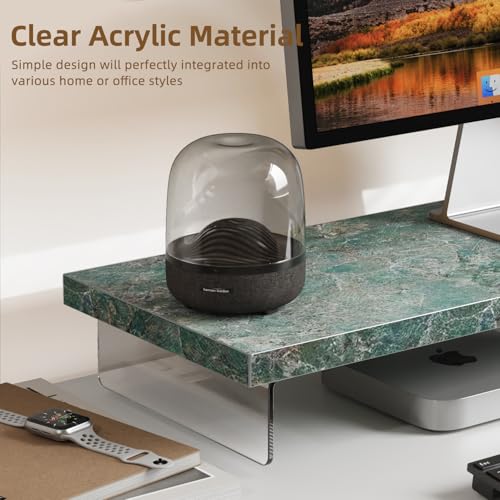 Dual Monitor Stand Riser, 40" Large Computer Monitor Stands for 2 Monitors, Wooden Desktop Organizer Shelf for Office Desk Computer, Laptop, TV, Monitor, Printer - color: Emerald Blue Stone, size: 40*10 Inch