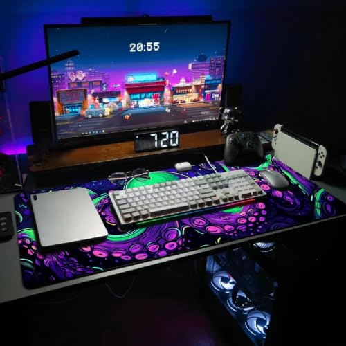 Extended Gaming Mouse Pad, Large Mouse Mat 3 mm Nature Rubber Base Mousepad with Stitched Edges, Non-Slip Desk Mat for Office Home Great Gift 31.5x11.8 Inch (Dark Octopus) - color: Dark Octopus
