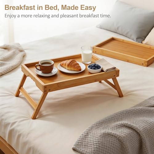 Large Breakfast Tray with Folding Legs Set of 2, 16.9" x 12.2" Bamboo Bed Tray Table with Ergonomic Wave Handles, Foldable TV Dinner Tray for Bed Couch Sofa, Breakfast, Laptop, Coffee, Natural - color: Natural, size: Large