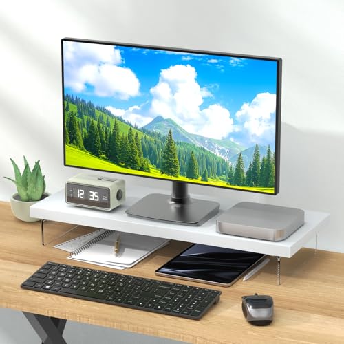 Monitor Stand Riser, Wood & Acrylic Computer Monitor Stand Desk Desktop Organizer Table for Home, Office Workspace, Laptop Riser, Printer, PC & TV Screen Riser - color: White, size: 25*10 Inch