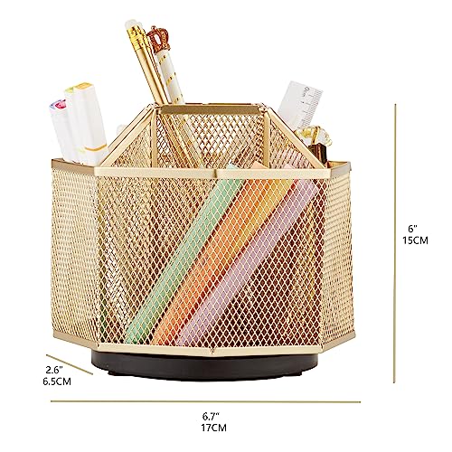 Annova Mesh Desk Organizer Rotate with 5 Compartments Spinning Tidy Candy/Pen Holder Office, Art Supply, Storage, Classroom, Home (Gold) - color: Gold