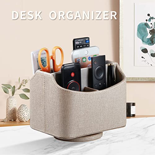 Remote Control Holder, Swivel Desk Organizer and Decorations for Living Room, Bedside Table Organizer Remotes Caddy for TV Controllers/ Stationery/ Art Supplies/ Pen, PU Leather Room Decor Aesthtic - color: 4# Beige Cloth