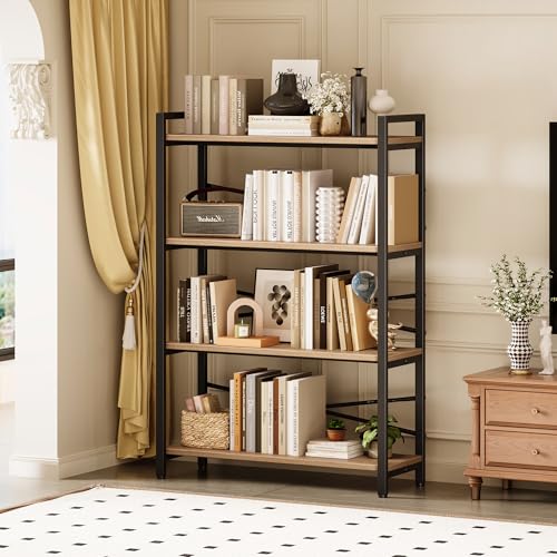 4 Tier Bookshelf 31.49" Width, Tall Book Shelf Storage and Organization, Wooden and Metal Industrial Bookcase, Large Book Shelves for Home Living Room Bedroom Office Storage(Light Coffee) - color: Light Coffee, size: 4 Tier - 31.5" W