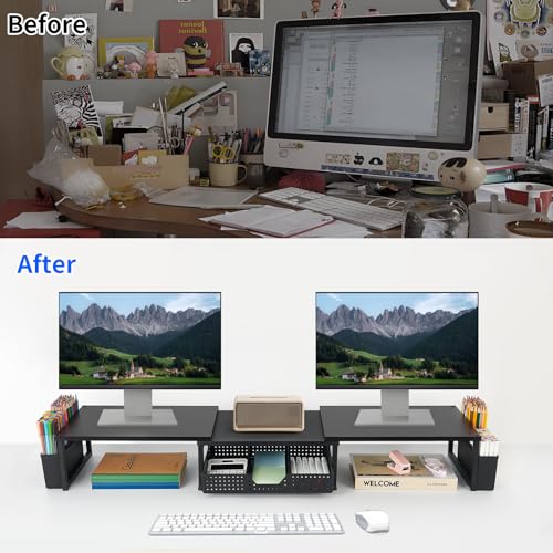OPNICE Desk Organizers and Accessories, Dual Monitor Stand Riser with Drawer and 2 Pen Holders, Desk Shelf Wood Computer Racks for Office Workspace Organizers, Desktop Organization (Black Wood) - color: Black Wood