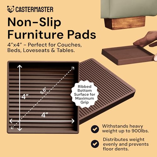 CasterMaster Non-Slip Furniture Pads - 4x4 in Brown, 4 Pack | Square rubber caster cups - anti-skid - Use for heavy sofas, beds & chairs on hardwood floors - color: Brown, size: 4'' x 4'' (Pack of 4)