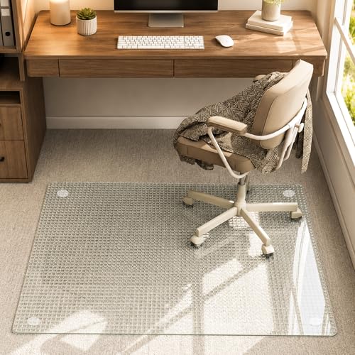 36" x 47" Tempered Glass -Glass Chair Mat, Heavy Duty Hard Floor Mat with Round Corner and Polished Edge, Office Embossed Chair Mat for Carpet Office Home Hardwood Floor Desk - color: Transparent, size: 47"L x 36"W
