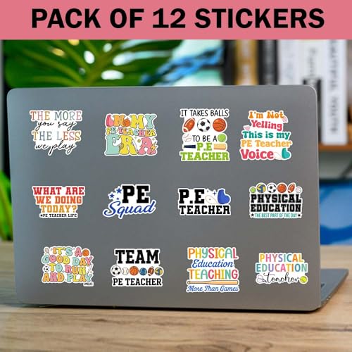 SODAVA (3in) Physical Education Teacher Stickers, PE Teacher Sticker Set of 12 – Funny Physical Education Quotes, Classroom Humor, Appreciation Gift, Waterproof Vinyl Decals - color: Physical Education