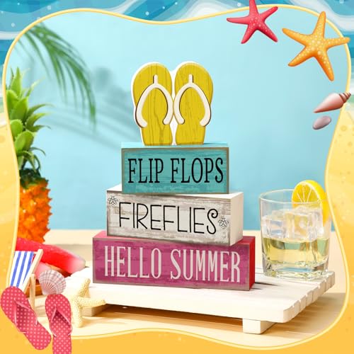Yuntau 4 Pcs Summer Table Decorations Wooden Sign Flip Flops Table Centerpiece Summer Tiered Tray Decor Decorative Faux Book Stack Block for Coffee Fireplace Mantel Floating Shelf Hawaii - style: Flip Flops