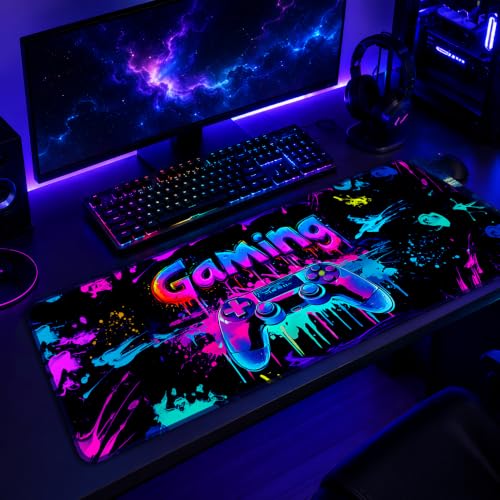 Gaming Mouse Pad, X-Large Waterproof Blacklight Colorful Splatter Art Game Controller Non-Slip Rubber Base Mousemat, Glow in the Dark Desk Mat for Office Home - 31.5 x 11.8 inches - color: Gamer A