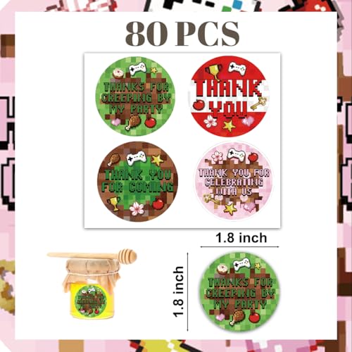 1.8 Inch 80PCS Pixel Miner Theme Gaming Party Decorations Thank You Stickers, Pixel Miner Video Game Birthday Party Decorations Favors Stickers for Boys Kids, Thank You for Coming Party Favors