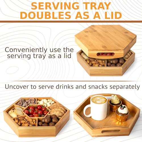 Snack and Serving Tray Set – 13" Divided Bamboo Appetizer Platter for Dry Fruit, Nuts, Cheese and Charcuterie (Bamboo, 13"x11")