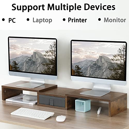 TEAMIX 3 Shelf Monitor Stand Riser With Drawer - Length and Angle Adjustable Dual Riser With Storage Corner Desk Shelf Organizer Large Computer Stand for 2 Monitors/Laptop (Brown, 1 Drawer) - color: Brown