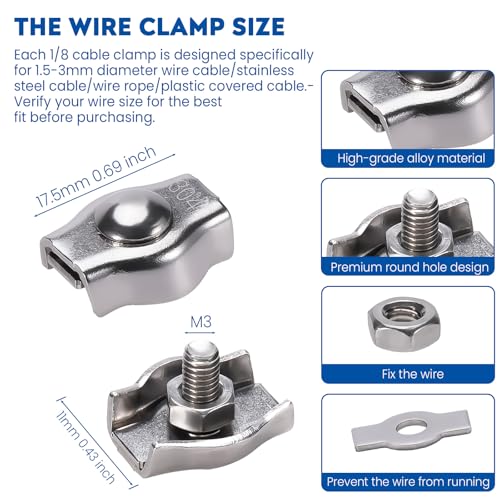 20PCS 1/8 Inches M3 304 Stainless Steel Wire Rope Cable Clip Clamp, Reusable Simplex Single Bolt Wire Rope Clips for 1/8Inch (1.5mm-3mm) Diameter Wire Cable/Wire Rope, Wire Clamp Tool for Outdoors - size: 20PCS-M3(1.5-3mm)