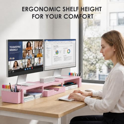 OPNICE Desk Organizers and Accessories, Dual Monitor Stand Riser with Drawer and 2 Pen Holders, Desk Shelf Metal Computer Racks for Office Workspace Organizers, Desktop Organization (Pink Metal) - color: Pink Metal
