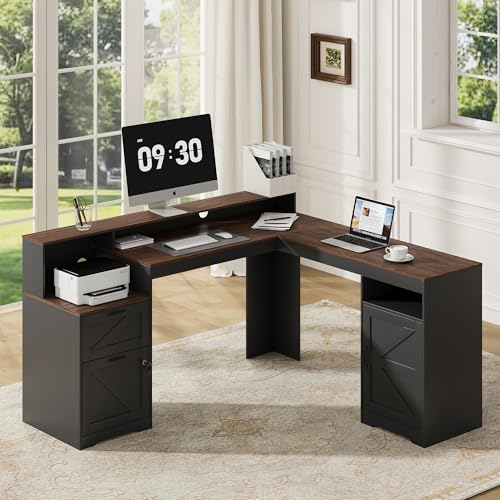MALOL 63" Farmhouse L Shaped Executive Desk, Corner Computer Desk with Drawers & Storage Shelf, Home Office Desk with Power Outlet, Monitor Stand, Wood Grain Desktop, Black & Rustic Brown
