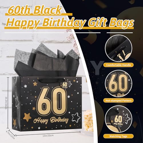 Powbrace 13" Black 60th Birthday Gift Bag with Tissue Paper and Greeting Card for Party,Happy Birthday Gift Bag for Men Women,Gift Bags Medium size(1 Black 60th) - color: 1 PCS Black 60th, size: 1 count (Pack of 1)